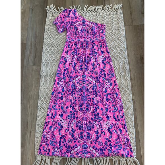 Lilly Pulitzer Solana One-Shoulder Maxi Dress Havana Pink Turtle Tidepool XL - Picture 6 of 10